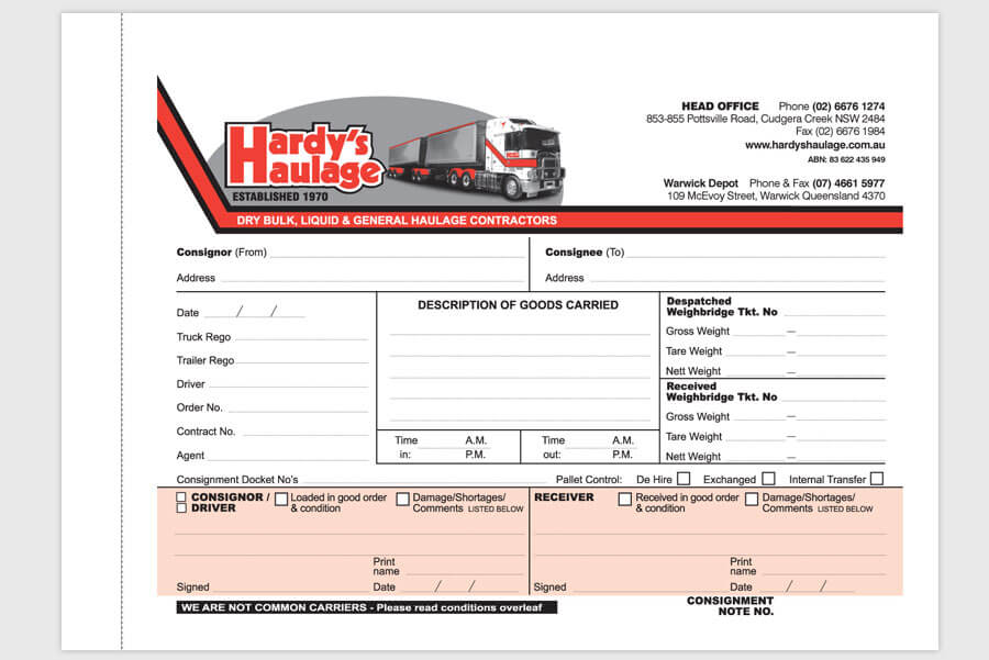 Consignment Note Book Printing for Hardys Haulage Transport