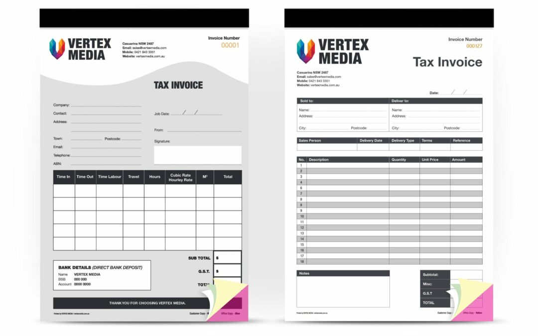 Tax Invoice Book Printing | Personalised add your business details | Custom made by VERTEX MEDIA | Australia wide delivery