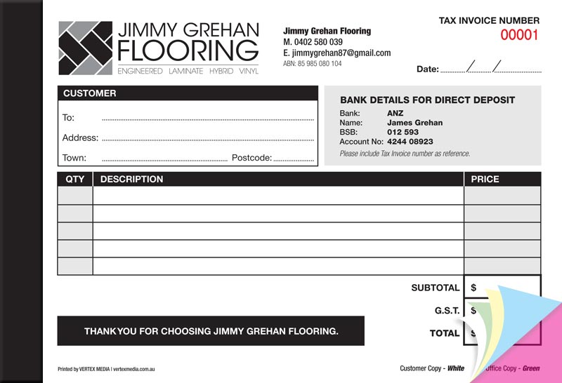 Jimmy Grehan Tax Invoice Book Printing design layout by VERTEX MEDIA