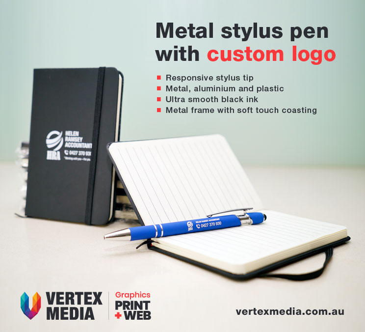 Metal Stylus Ballpoint Pen with custom logo lazer engraved. | Premium promotional item. Colour Range Image by VERTEX MEDIA PRINT SERVICES AUSTRALIA.