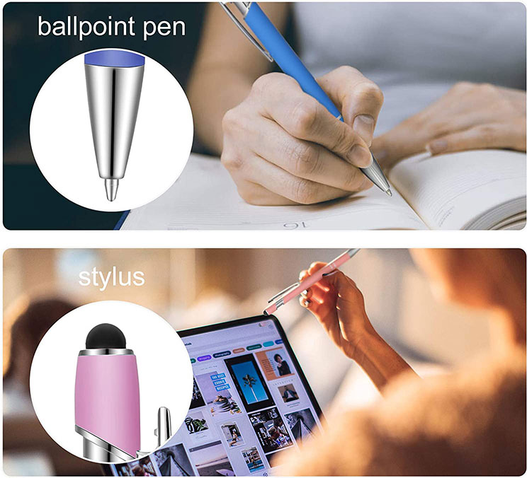 Metal Stylus Ballpoint Pen with custom logo lazer engraved. Rubber Tip on end to use on mobile screens and tablet screens.
