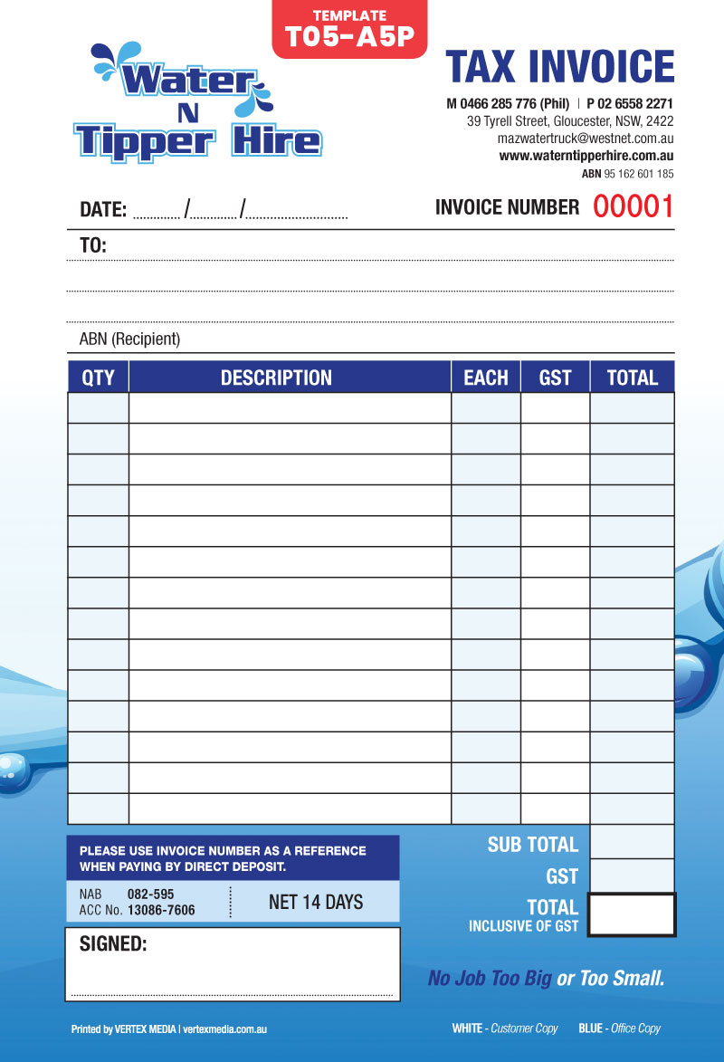 T05-A5P Template | Tax Invoice Book – Portrait
