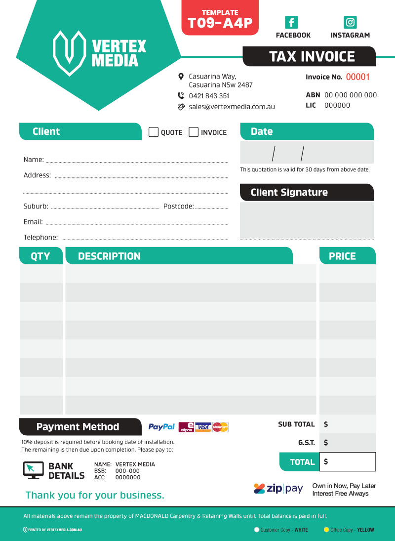 T09-A4P Template Tax Invoice book Custom Design by VERTEX MEDIA