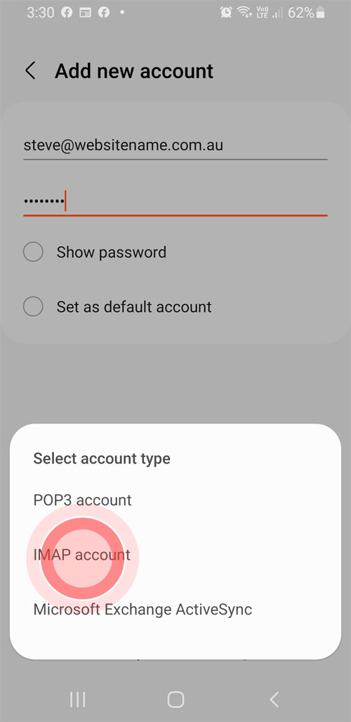 Step 8 Setting up email account Samsung Smart Phone IMAP